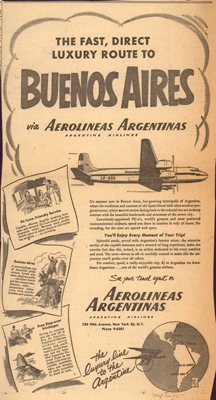 Vintage airline advertisement, New York Times, Aerolíneas Argentinas, Buenos Aires