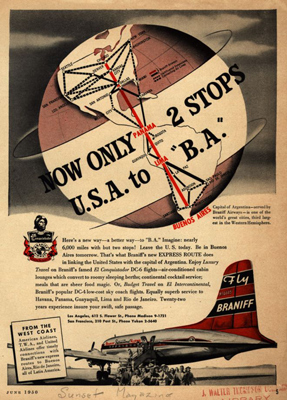 Vintage airline advertisement, Braniff, 1950, Argentina, Buenos Aires