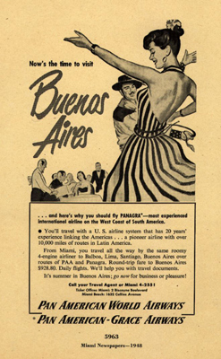 Vintage airline advertisement, Pan American, Pan-Am, 1948, Buenos Aires